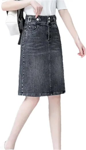Women Split A-Line Jean Skirt Summer High Waist Double Buttons Blue Midi Denim Skirts