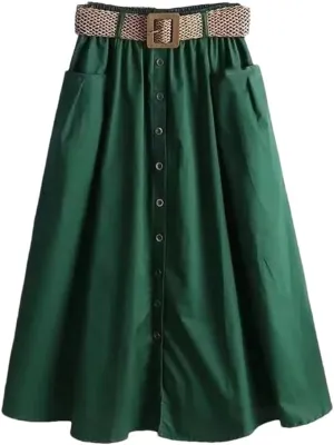 Women Spring Summer Washed Cotton Elastic High-Waist Skirt Pocket Belt Solid Long A-Line Split Hem Skirts