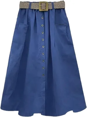 Women Spring Summer Washed Cotton Elastic High-Waist Skirt Pocket Belt Solid Long A-Line Split Hem Skirts