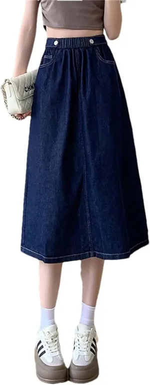Women Summer Buttons Denim Skirts Loose Casual Elastic Waist A Line Classic Mid-Calf Length Skirt