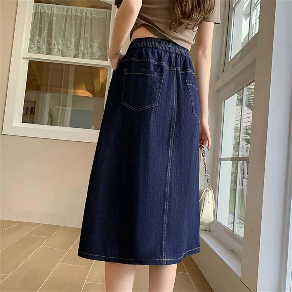 Women Summer Buttons Denim Skirts Loose Casual Elastic Waist A Line Classic Mid-Calf Length Skirt