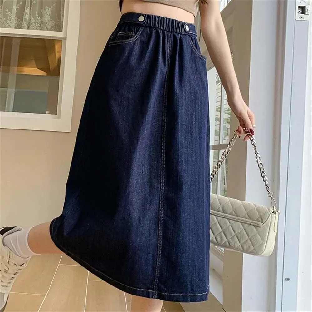 Women Summer Buttons Denim Skirts Loose Casual Elastic Waist A Line Classic Mid-Calf Length Skirt