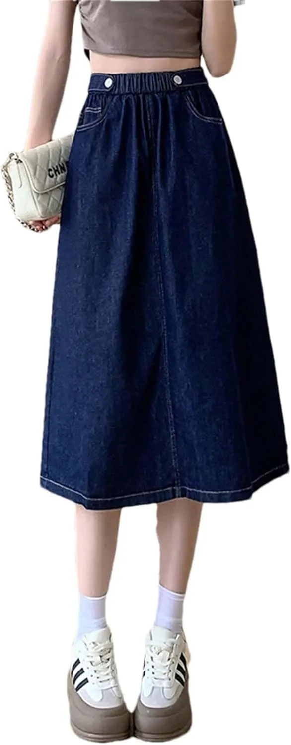Women Summer Buttons Denim Skirts Loose Casual Elastic Waist A Line Classic Mid-Calf Length Skirt