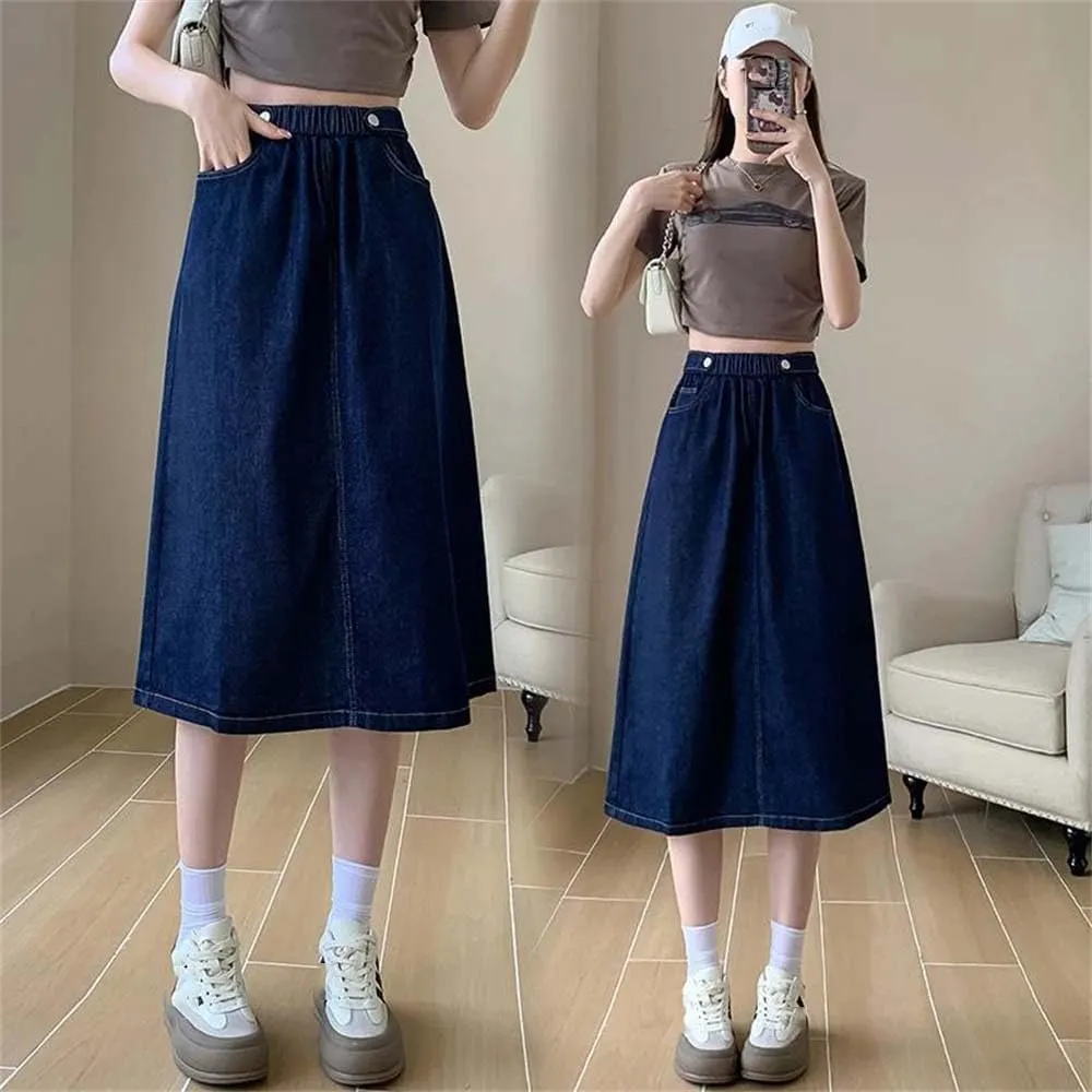 Women Summer Buttons Denim Skirts Loose Casual Elastic Waist A Line Classic Mid-Calf Length Skirt