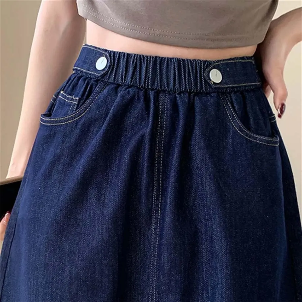 Women Summer Buttons Denim Skirts Loose Casual Elastic Waist A Line Classic Mid-Calf Length Skirt