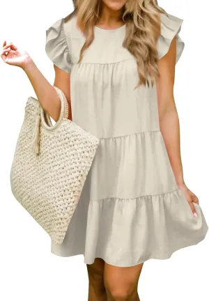 Women Summer Dress Casual Crew Neck Cap Sleeve Ruffle Tiered Babydoll Mini Dresses Solid Color Beach Party Sundress