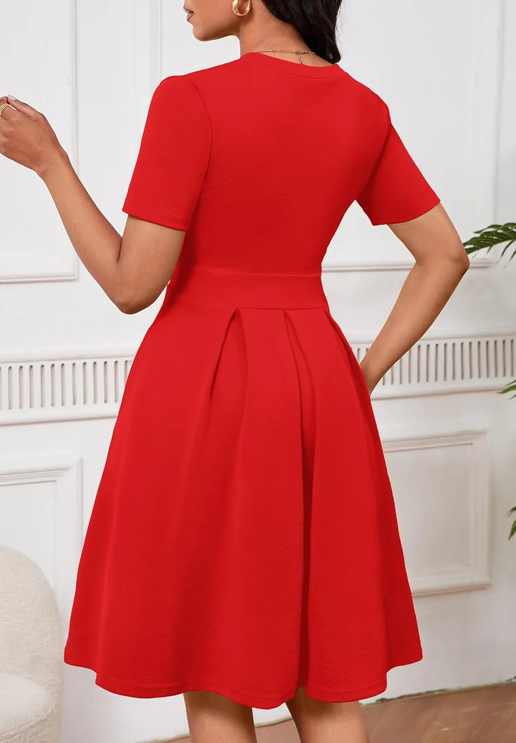 Women Summer Short Sleeve Dress V Neck Semi Casual Fit and Flare Church Wedding Guest Work Dresses with Pockets