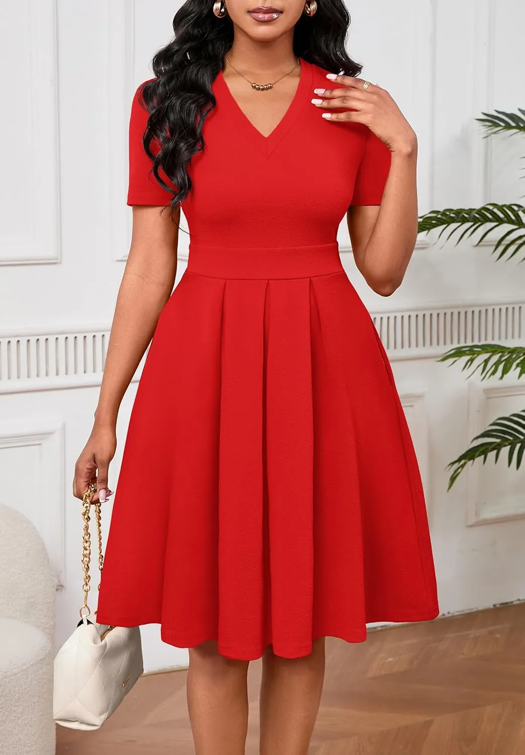 Women Summer Short Sleeve Dress V Neck Semi Casual Fit and Flare Church Wedding Guest Work Dresses with Pockets