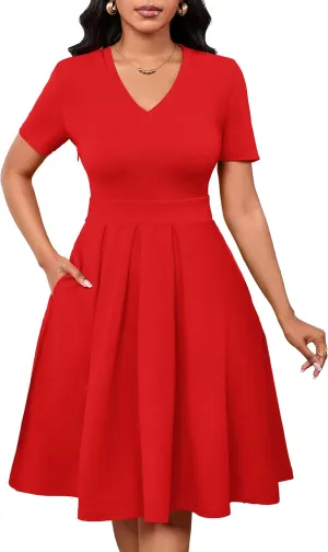 Women Summer Short Sleeve Dress V Neck Semi Casual Fit and Flare Church Wedding Guest Work Dresses with Pockets