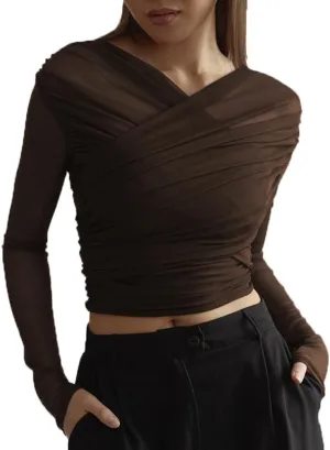 Women Trendy V Neck Sheer Mesh Ruched Crop T Shirt Slim Fit Solid Long Sleeve See Through Pleated Top Y2k Outfits