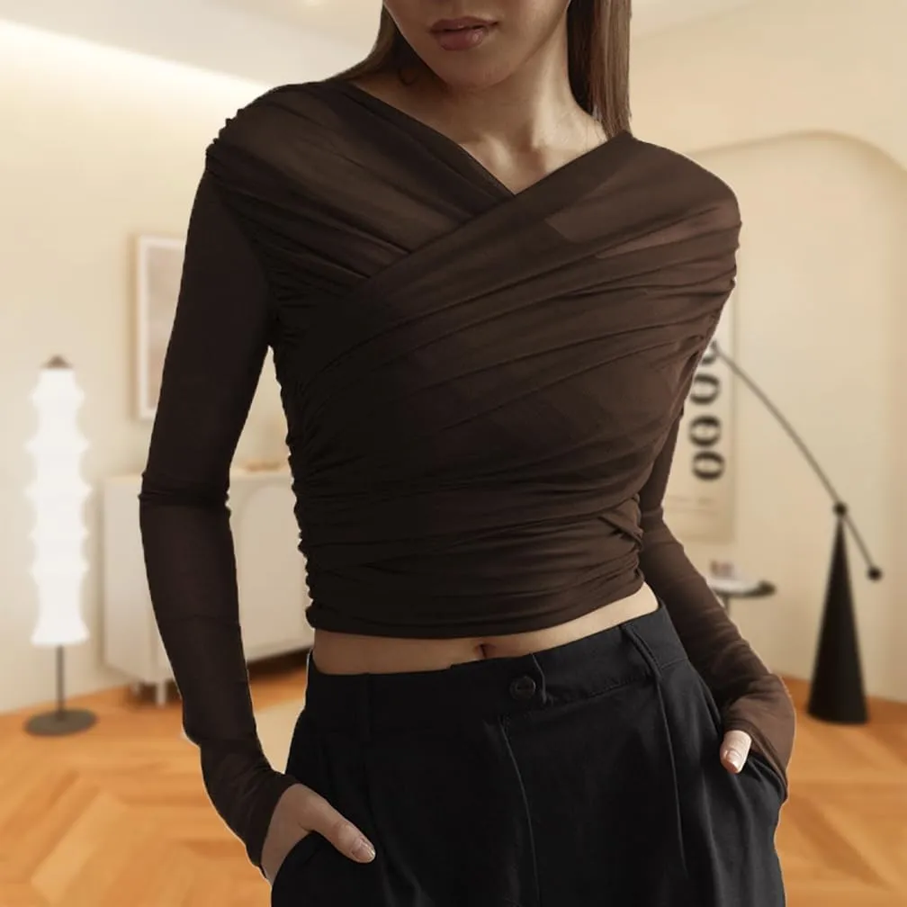 Women Trendy V Neck Sheer Mesh Ruched Crop T Shirt Slim Fit Solid Long Sleeve See Through Pleated Top Y2k Outfits