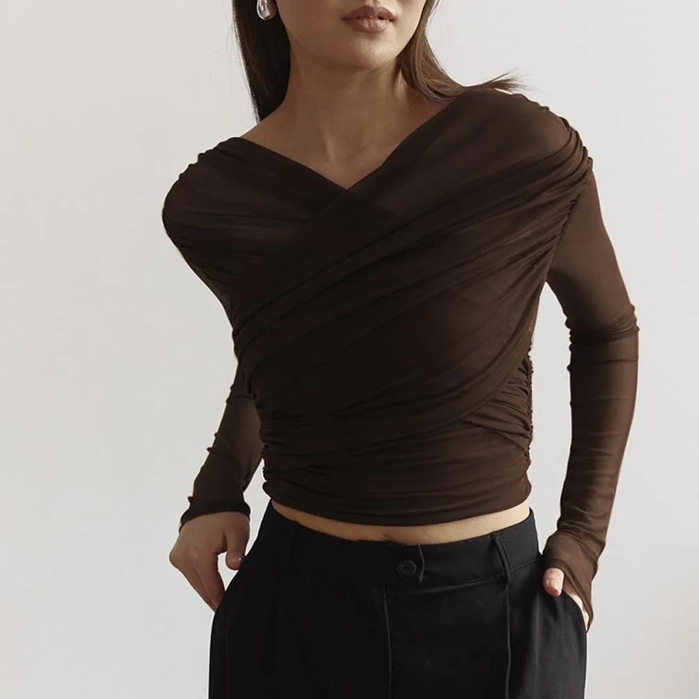 Women Trendy V Neck Sheer Mesh Ruched Crop T Shirt Slim Fit Solid Long Sleeve See Through Pleated Top Y2k Outfits