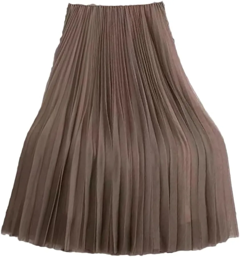 Women Tulle Long Skirt Casual Office A-Line Vintage Pleated Tiered Flowy Skirt