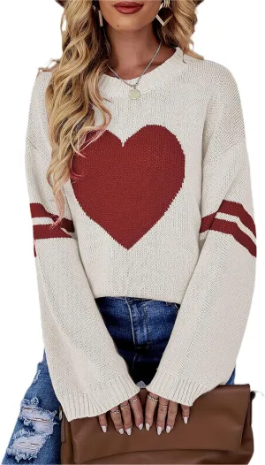 Women Valentines Day Turtleneck Sweaters for Teen Girls Heart Print Oversized Long Sleeve Knit Pullovers Tops(White Apricot,L)
