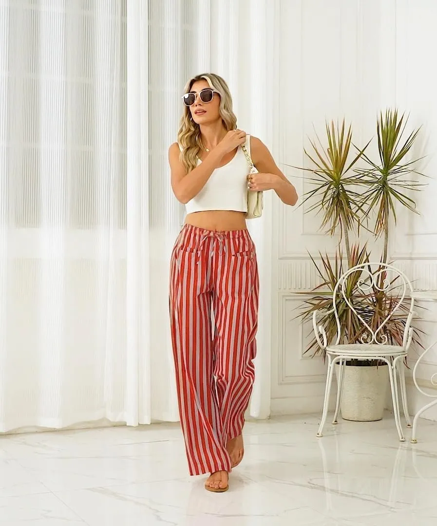 Women Wide Leg Striped Pants Cotton Casual Comfy Loose Lounge Drawstring Palazzo Trousers with Pockets