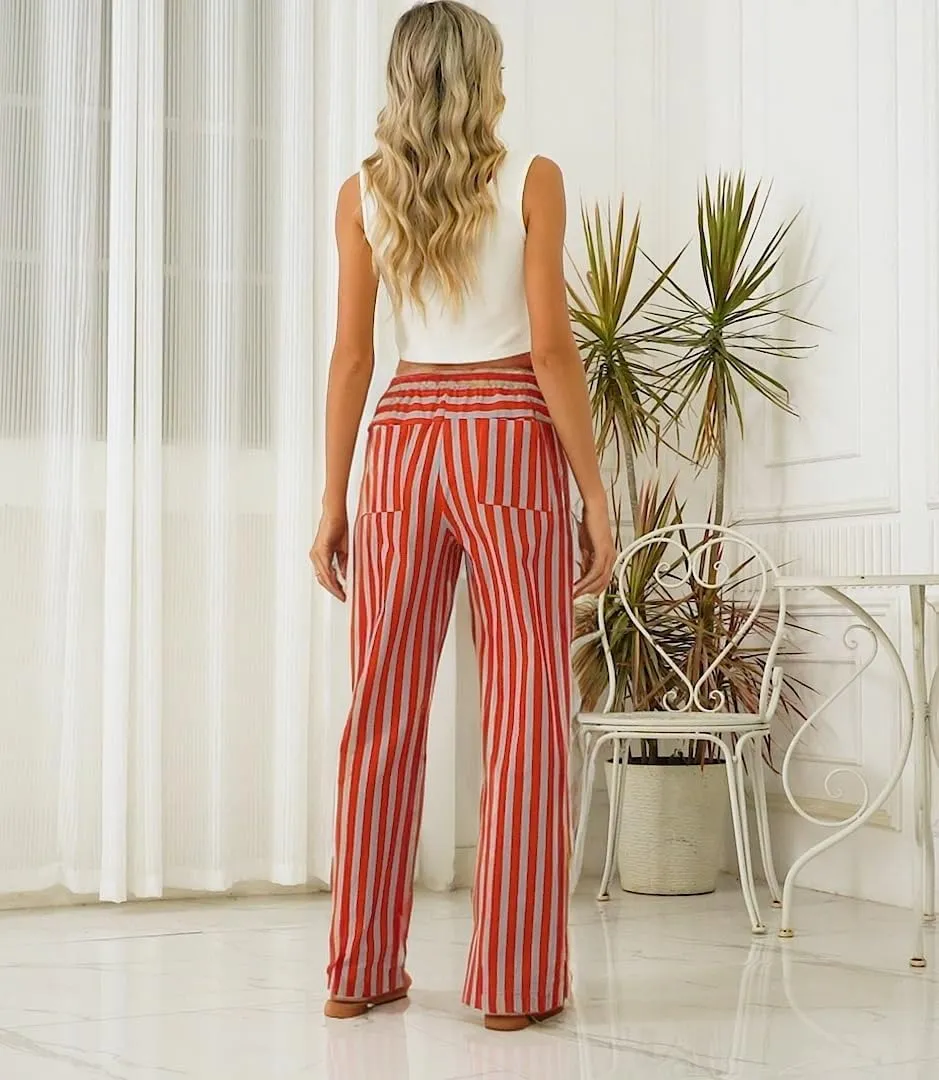 Women Wide Leg Striped Pants Cotton Casual Comfy Loose Lounge Drawstring Palazzo Trousers with Pockets