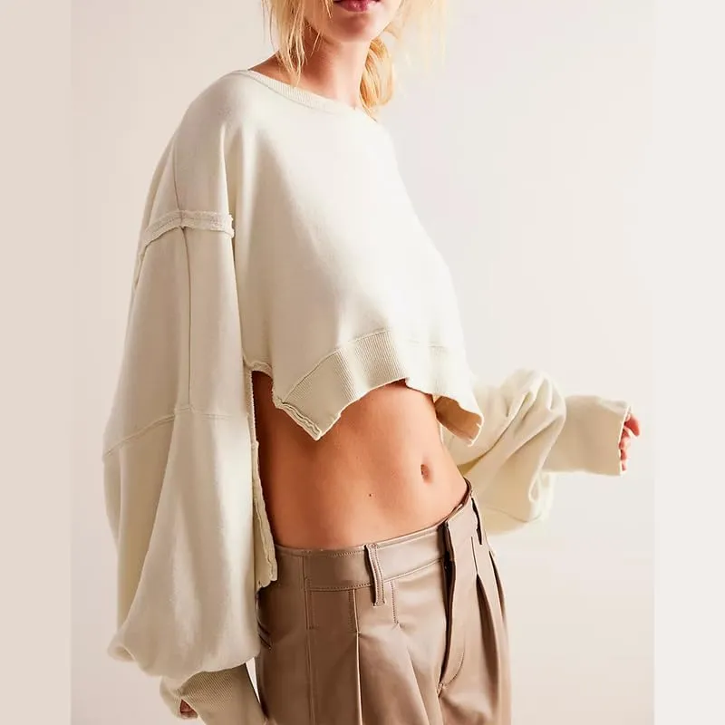 Women Y2K Cropped Sweatshirt Long Sleeve Scoop Neck Preppy Sweatshirts Going Out Oversized Pullover Top