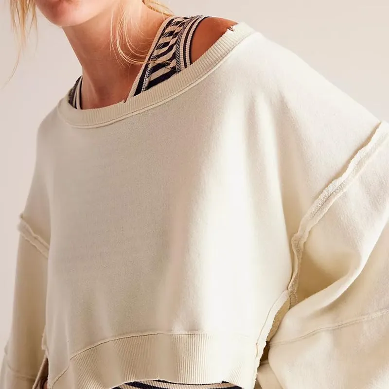Women Y2K Cropped Sweatshirt Long Sleeve Scoop Neck Preppy Sweatshirts Going Out Oversized Pullover Top