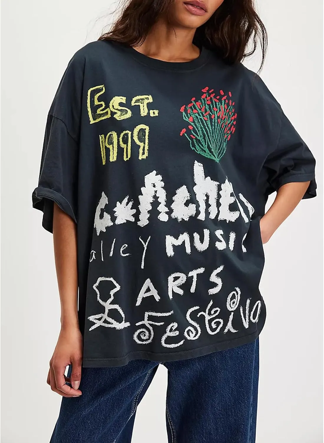 Women Y2k Floral Graphic Print Oversized Tshirts Cute Flower Aesthetic Baggy Tees Top Summer Teen Girl Coastal Clothes