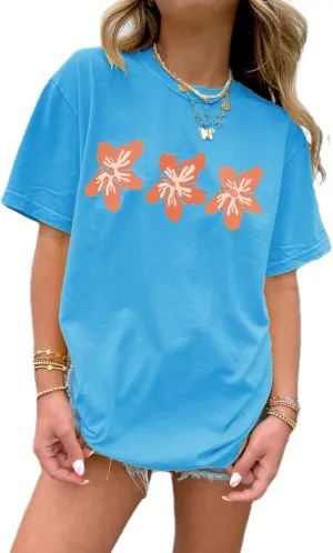 Women Y2k Floral Graphic Print Oversized Tshirts Cute Flower Aesthetic Baggy Tees Top Summer Teen Girl Coastal Clothes