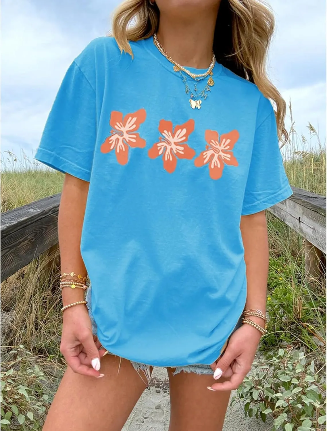 Women Y2k Floral Graphic Print Oversized Tshirts Cute Flower Aesthetic Baggy Tees Top Summer Teen Girl Coastal Clothes