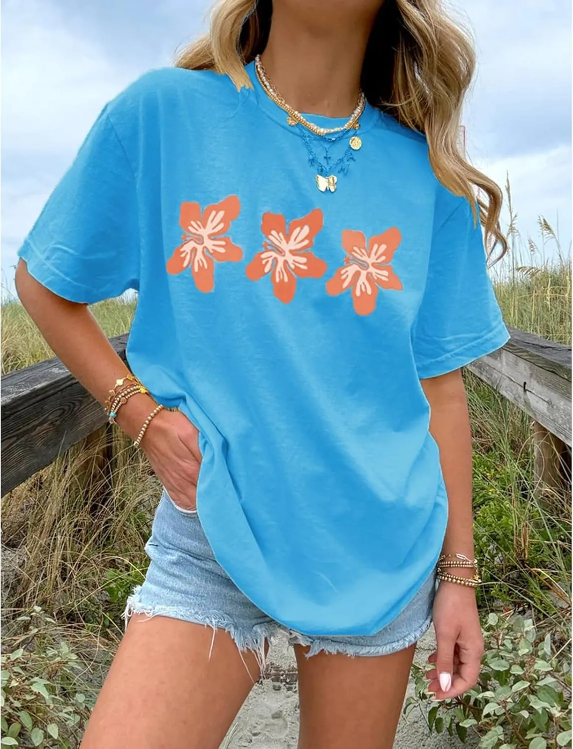 Women Y2k Floral Graphic Print Oversized Tshirts Cute Flower Aesthetic Baggy Tees Top Summer Teen Girl Coastal Clothes