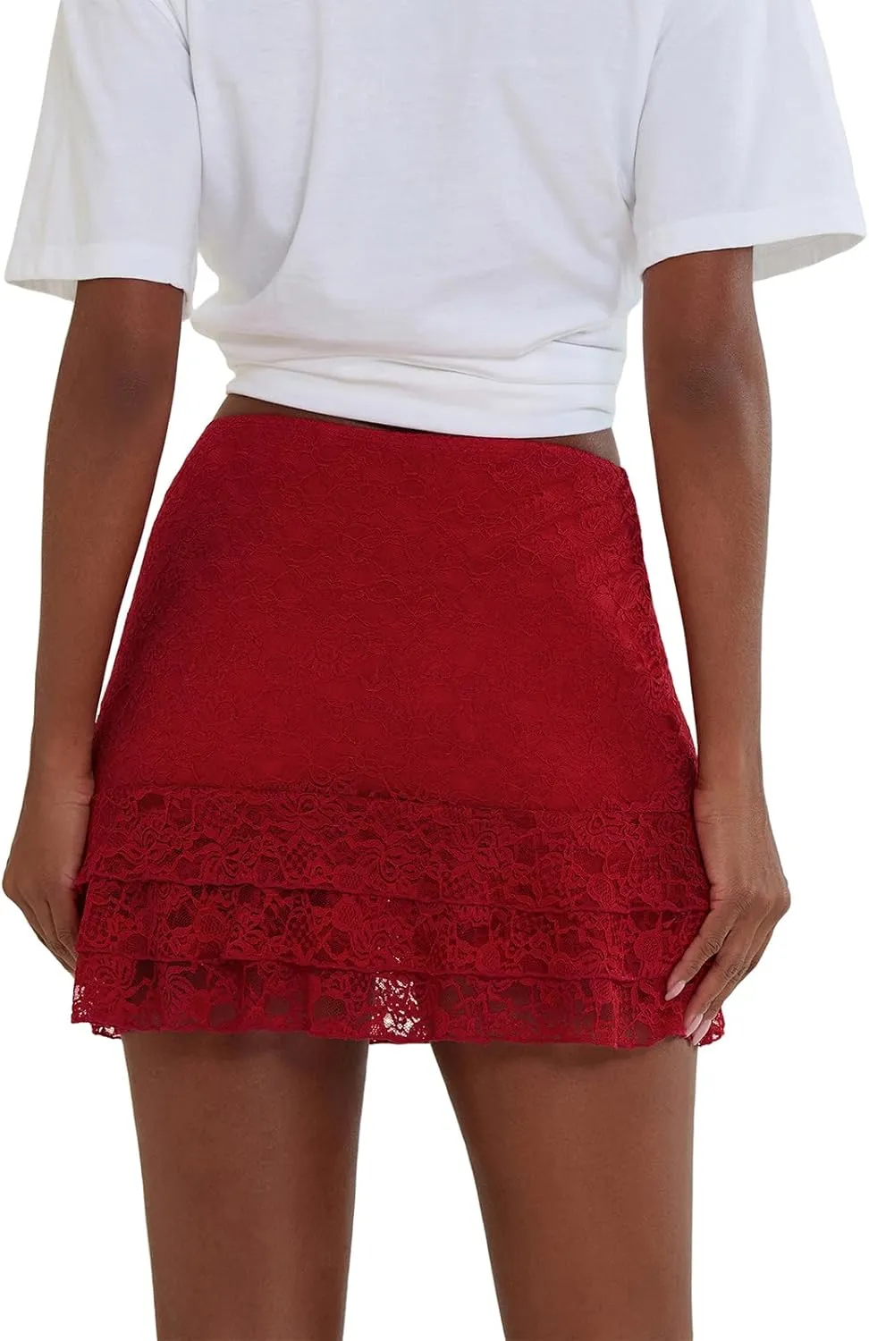 Women Y2k Lace Mini Skirt Ruffle Pleated High Waist Short Skirts Floral Lace Trim Flowy Micro Skirt Streetwear