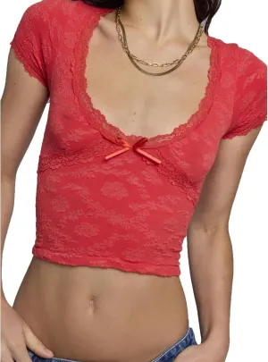 Women Y2k Lace Short Sleeve Shirt V Neck Low Cut Solid Color Cropped Shirts Slim Fitted Going Out Crop Tops