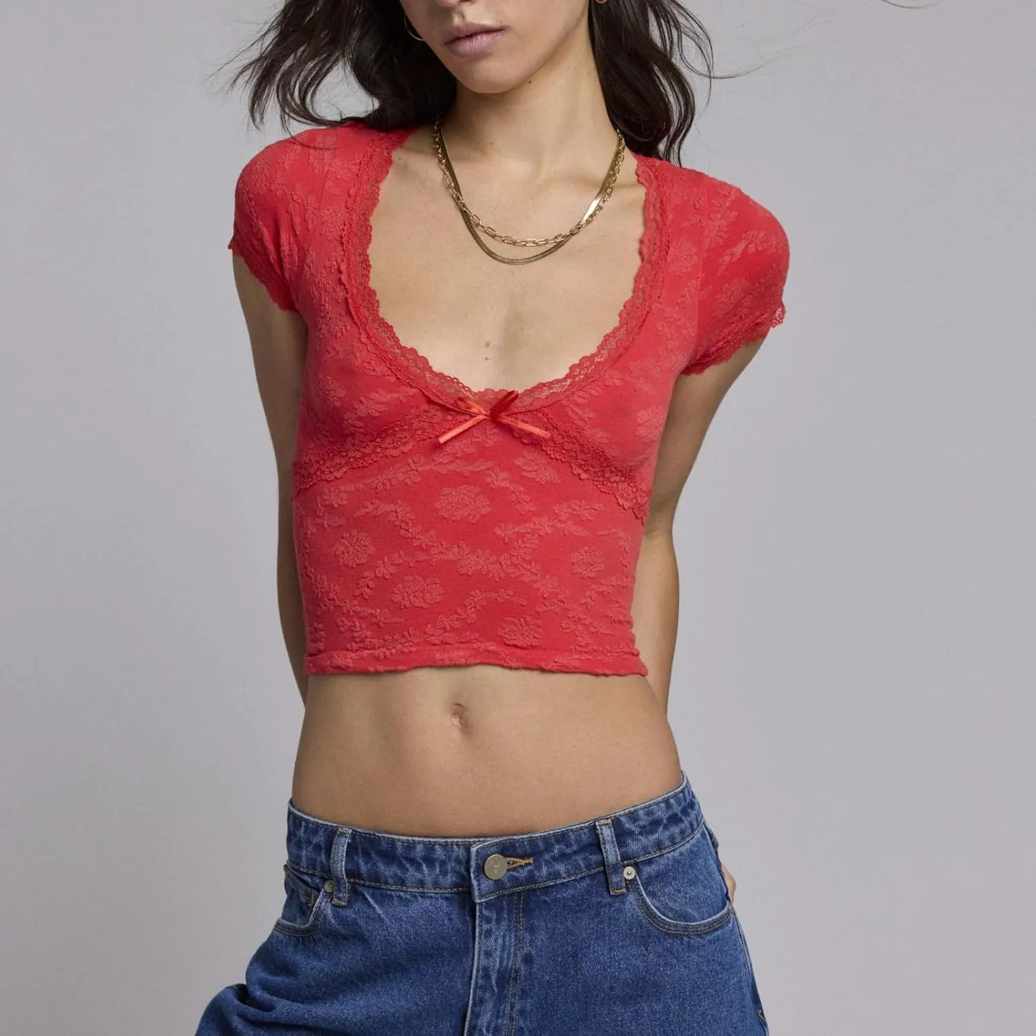 Women Y2k Lace Short Sleeve Shirt V Neck Low Cut Solid Color Cropped Shirts Slim Fitted Going Out Crop Tops
