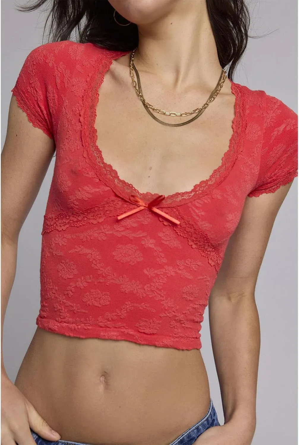 Women Y2k Lace Short Sleeve Shirt V Neck Low Cut Solid Color Cropped Shirts Slim Fitted Going Out Crop Tops