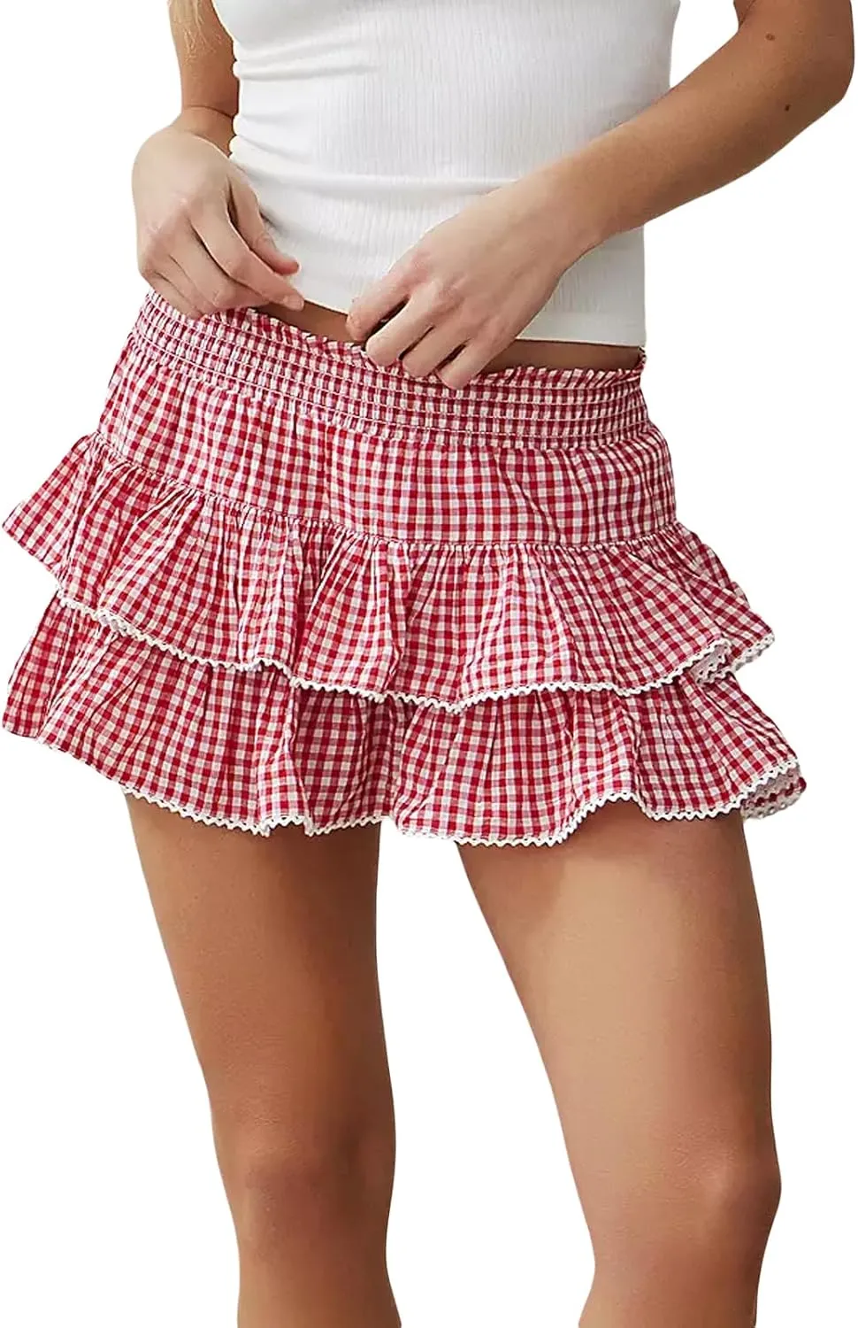 Women Y2K Plaid Tiered Mini Skirt Low Waist Lace Trim Gingham Pleated Short Skirt Cosplay Party Streetwear