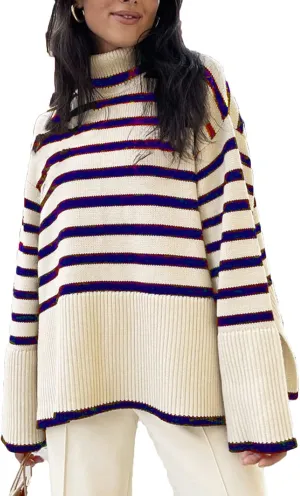 Women Y2K Turtleneck Striped Oversized Sweater Long Sleeve Color Block Poncho Sweater Fall Winter Pullover Jumper Tops