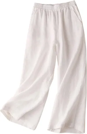 Women's 100% Linen Wide Leg Pants Casual Loose High Waisted Flowy Palazzo Trousers with Pockets