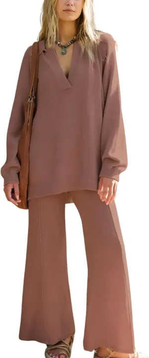 Womens 2 Piece Outfits Knit Loungewear Casual Loose Sweatsuit V Neck Pullover Wide Leg Pants Oversized Sweater Set