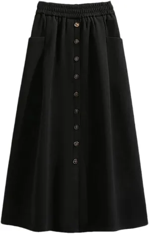 Women's Autumn Winter Korean Fashion Basics High Waist Single Breasted Long A-Line Pleated Skirt