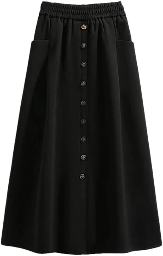 Women's Autumn Winter Korean Fashion Basics High Waist Single Breasted Long A-Line Pleated Skirt