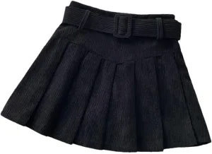 Womens Belted Pleated Skirt Corduroy Mini Skirt with Belt
