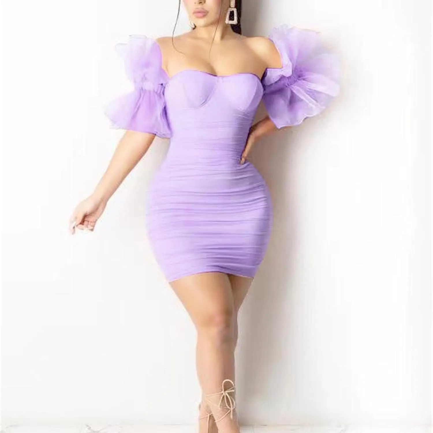 Women's Bodycon Tube Top Cocktail Party Dress Slim Fit Ruched Stylish Mini Dress Mesh Short Sleeve Prom Dresses