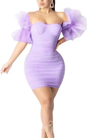 Women's Bodycon Tube Top Cocktail Party Dress Slim Fit Ruched Stylish Mini Dress Mesh Short Sleeve Prom Dresses
