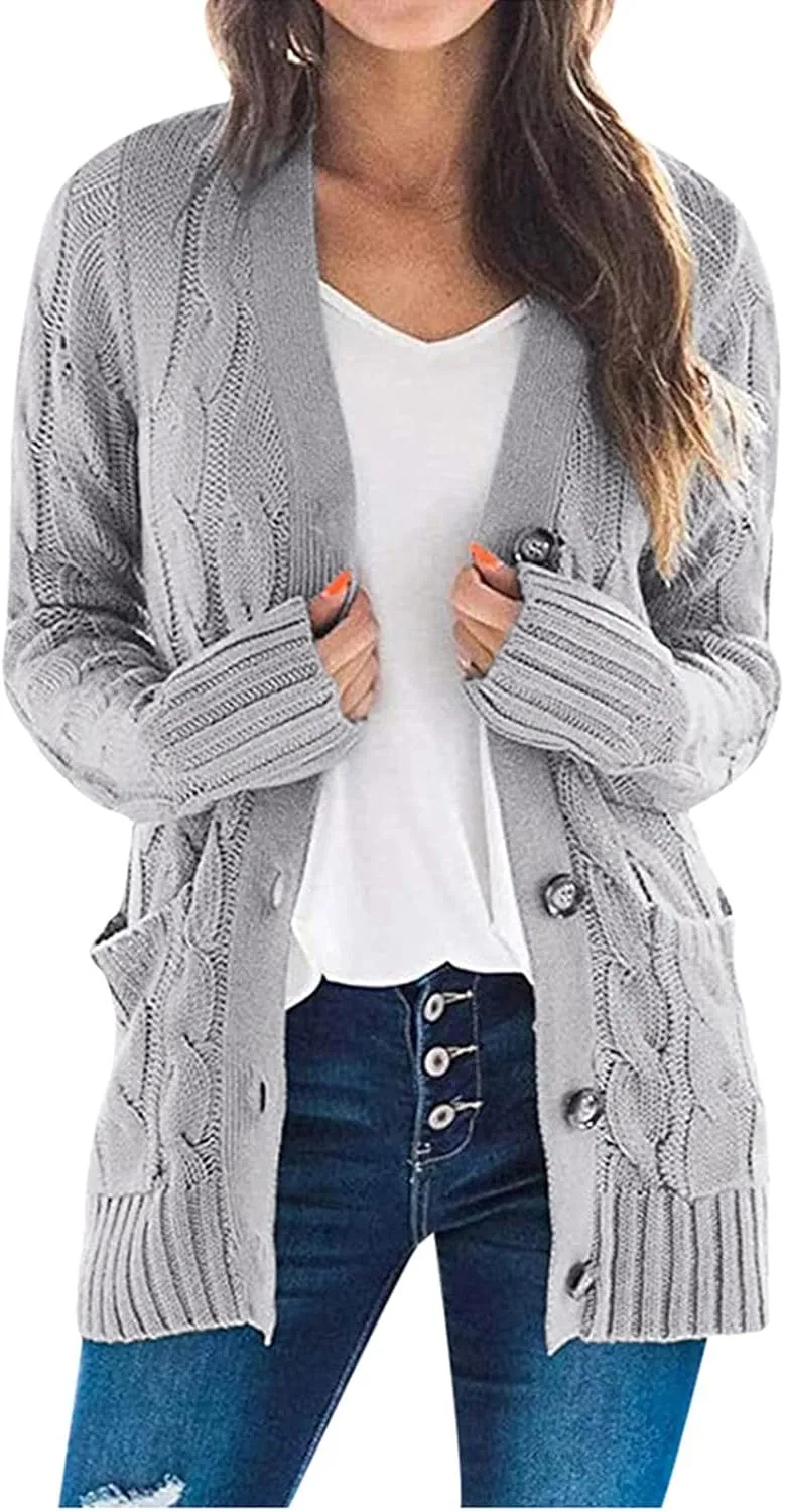 Women's Button Down Open Front Cardigan Sweaters Fall Trendy Cable Knit Chunky Outerwear Coats with Pockets
