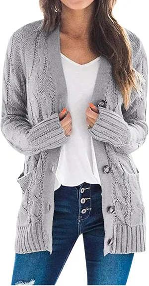 Women's Button Down Open Front Cardigan Sweaters Fall Trendy Cable Knit Chunky Outerwear Coats with Pockets