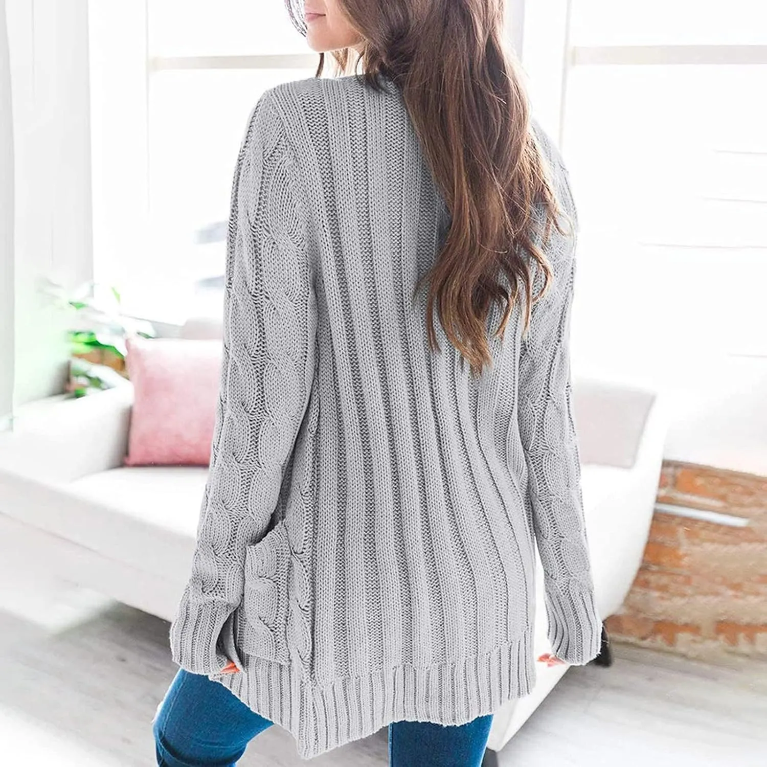 Women's Button Down Open Front Cardigan Sweaters Fall Trendy Cable Knit Chunky Outerwear Coats with Pockets