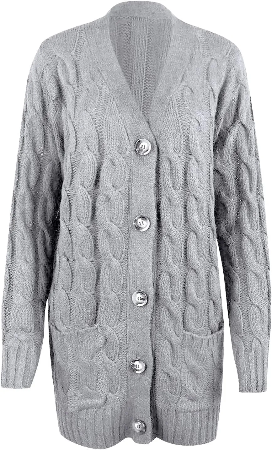 Women's Button Down Open Front Cardigan Sweaters Fall Trendy Cable Knit Chunky Outerwear Coats with Pockets