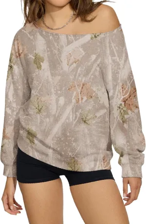 Womens Camo Off The Shoulder Sweatshirt Maple Leaf Print One Shoulder Sweatshirts Long Sleeve Loose Fleece Pullover