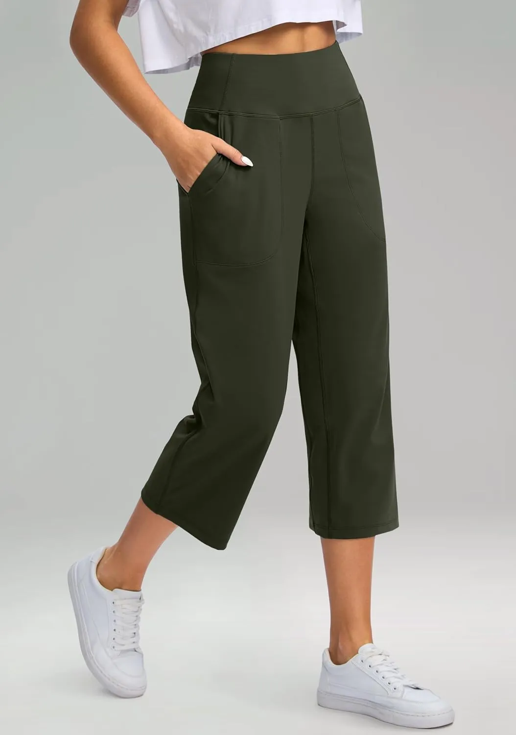Women's Capri Pants with Pockets High Waist Yoga Pants Wide Leg Workout Crop Summer Pants for Casual, Travel, Exercise