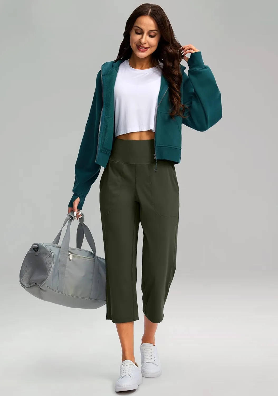 Women's Capri Pants with Pockets High Waist Yoga Pants Wide Leg Workout Crop Summer Pants for Casual, Travel, Exercise