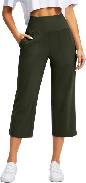 Women's Capri Pants with Pockets High Waist Yoga Pants Wide Leg Workout Crop Summer Pants for Casual, Travel, Exercise