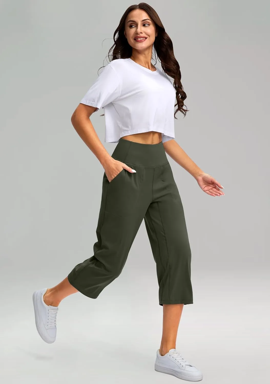 Women's Capri Pants with Pockets High Waist Yoga Pants Wide Leg Workout Crop Summer Pants for Casual, Travel, Exercise