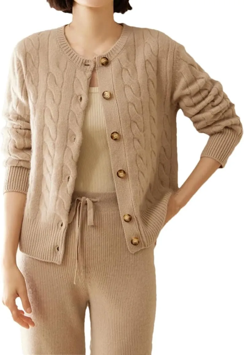 Women's Cashmere Sweater O-Neck Cable Knit Cardigan Knitwear Thickened Soft Coat Tops
