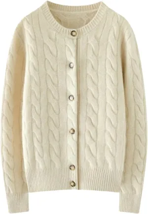 Women's Cashmere Sweater O-Neck Cable Knit Cardigan Knitwear Thickened Soft Coat Tops